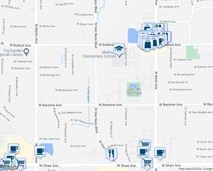 map of restaurants, bars, coffee shops, grocery stores, and more near 2315 West Dovewood Avenue in Fresno