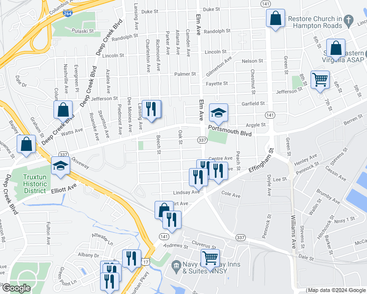 map of restaurants, bars, coffee shops, grocery stores, and more near 1244 Summit Avenue in Portsmouth