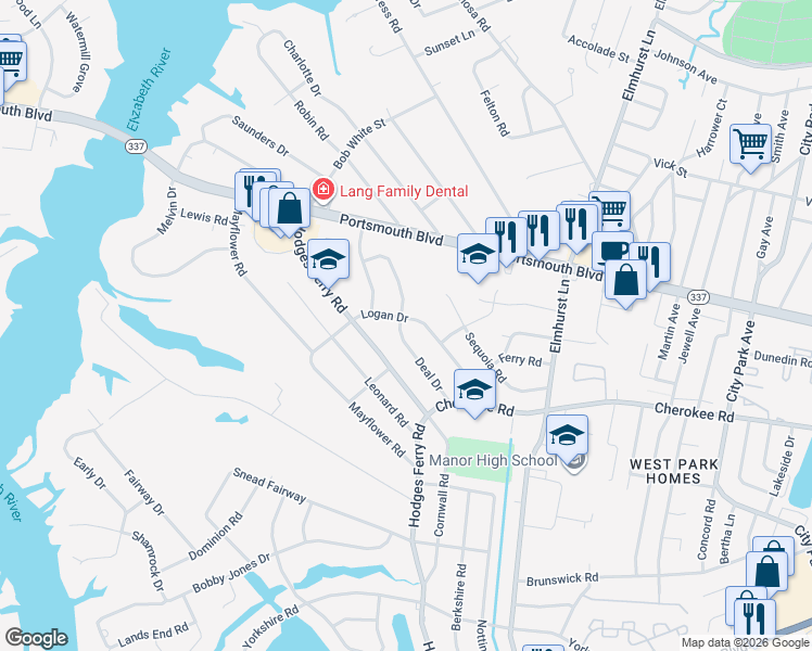 map of restaurants, bars, coffee shops, grocery stores, and more near 300 Deal Drive in Portsmouth