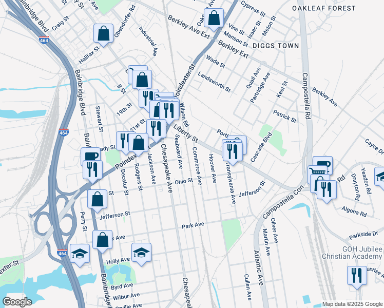 map of restaurants, bars, coffee shops, grocery stores, and more near 1136 Commerce Avenue in Chesapeake