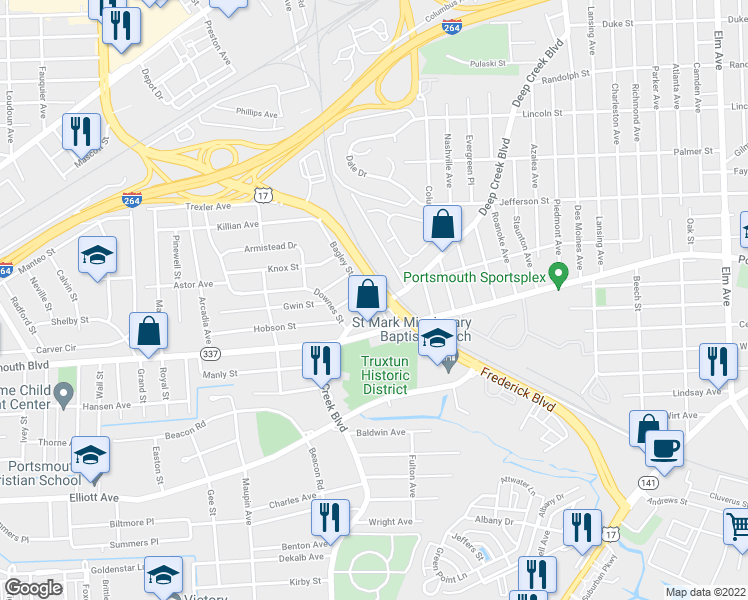 map of restaurants, bars, coffee shops, grocery stores, and more near 8 Bagley Street in Portsmouth