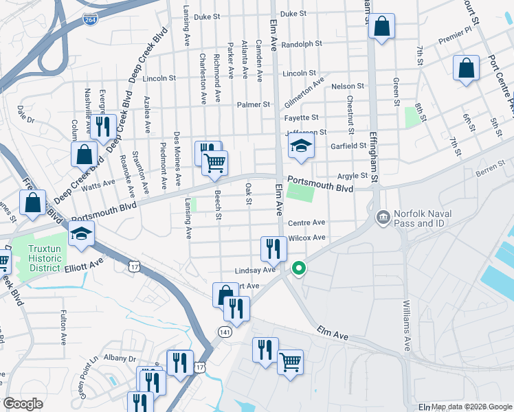 map of restaurants, bars, coffee shops, grocery stores, and more near 1241 Summit Avenue in Portsmouth