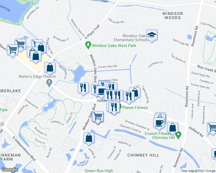map of restaurants, bars, coffee shops, grocery stores, and more near 636 Hustings Court Lane in Virginia Beach