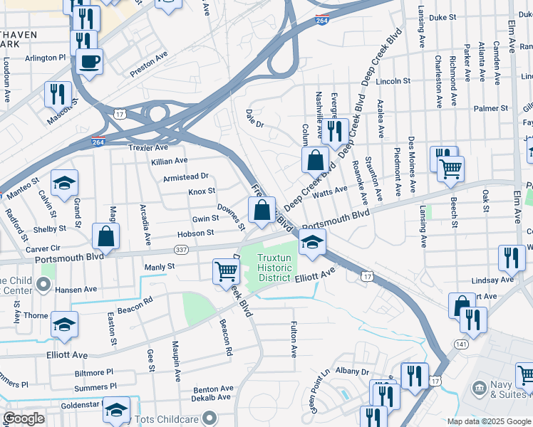 map of restaurants, bars, coffee shops, grocery stores, and more near 8 Bagley Street in Portsmouth