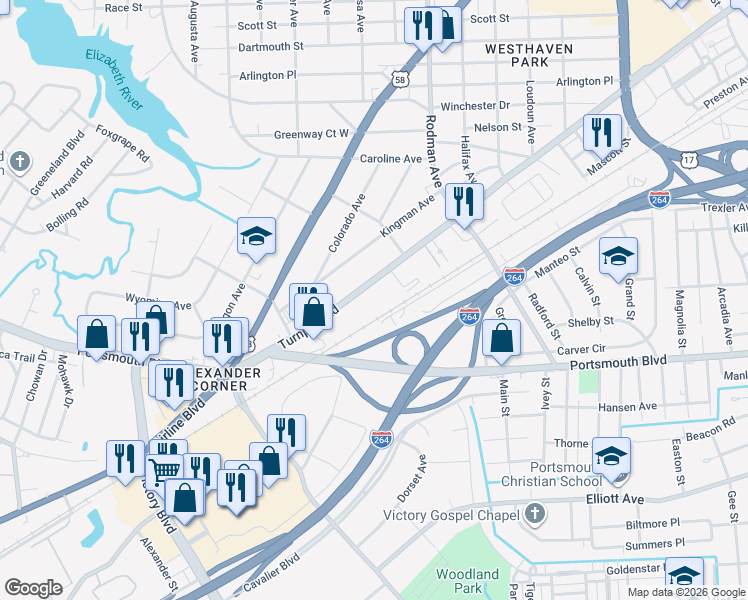 map of restaurants, bars, coffee shops, grocery stores, and more near 3901 Turnpike Road in Portsmouth