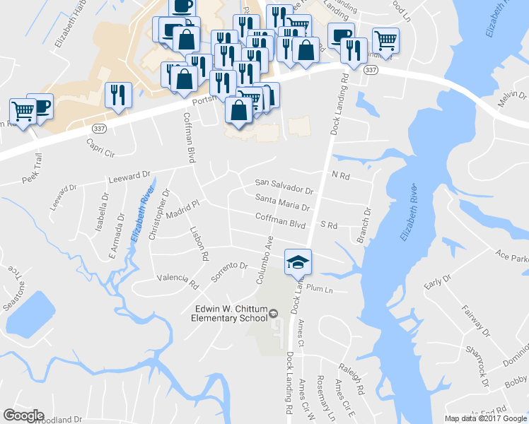 map of restaurants, bars, coffee shops, grocery stores, and more near 4104 Coffman Boulevard in Chesapeake
