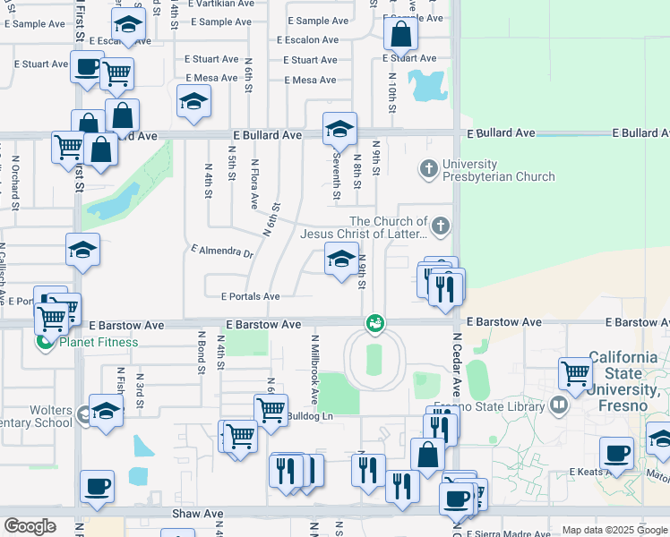 map of restaurants, bars, coffee shops, grocery stores, and more near 1544 East Loftus Lane in Fresno