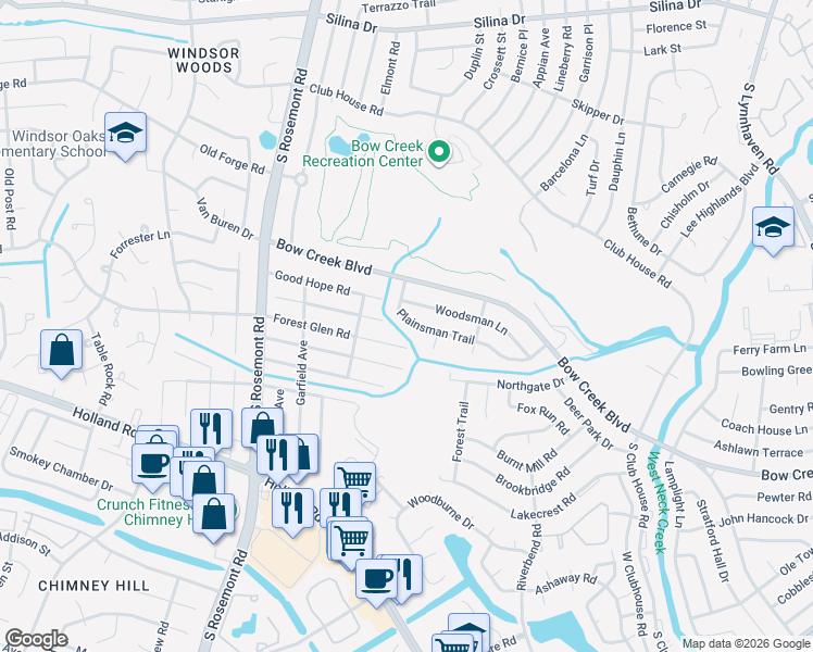 map of restaurants, bars, coffee shops, grocery stores, and more near 3400 Forest Glen Road in Virginia Beach