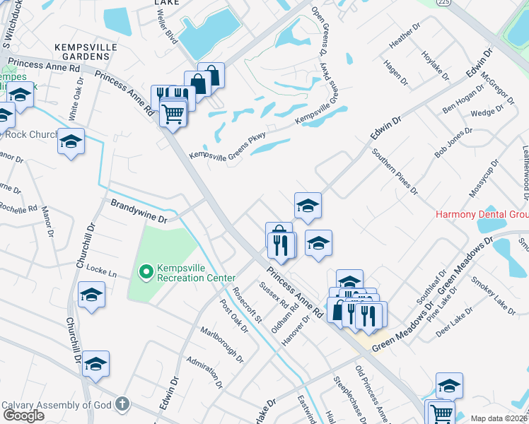 map of restaurants, bars, coffee shops, grocery stores, and more near 4705 Fairway Avenue in Virginia Beach