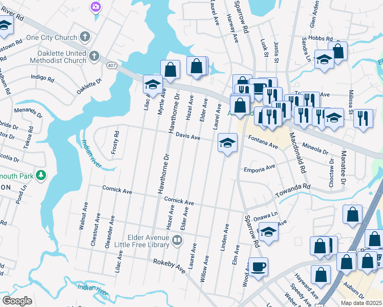 map of restaurants, bars, coffee shops, grocery stores, and more near 1219 Elder Avenue in Chesapeake