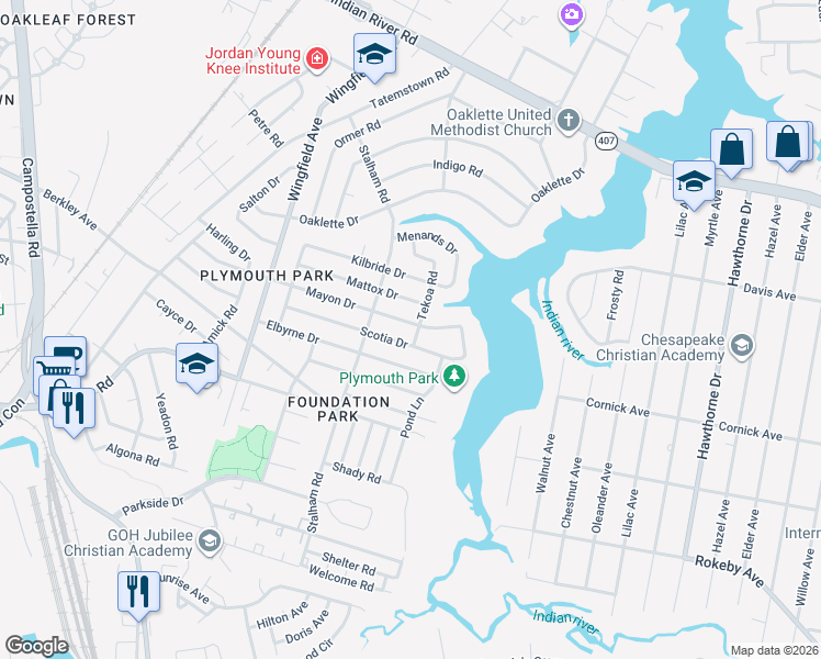map of restaurants, bars, coffee shops, grocery stores, and more near 3017 Scotia Drive in Chesapeake
