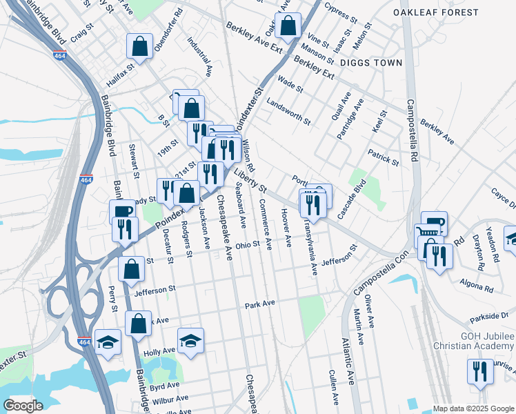map of restaurants, bars, coffee shops, grocery stores, and more near 1136 Commerce Avenue in Chesapeake