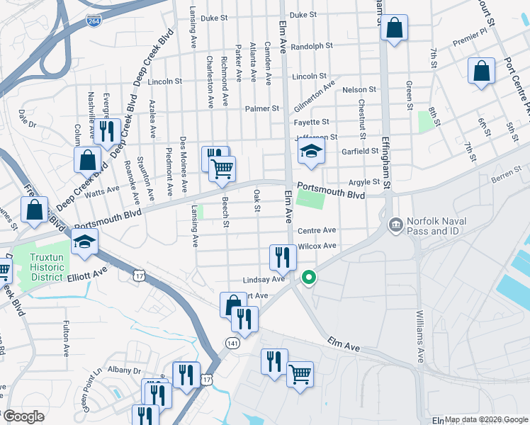 map of restaurants, bars, coffee shops, grocery stores, and more near 1241 Summit Avenue in Portsmouth