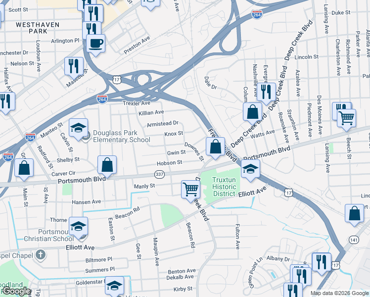 map of restaurants, bars, coffee shops, grocery stores, and more near 3223 Gwin Street in Portsmouth
