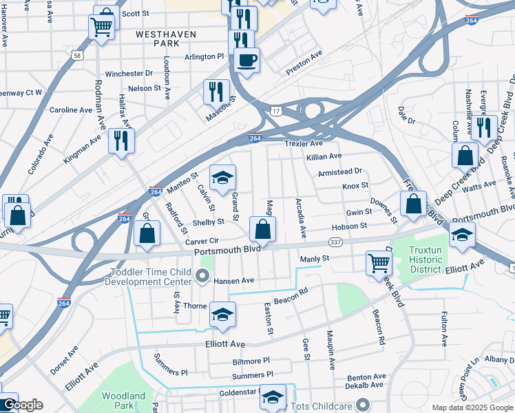map of restaurants, bars, coffee shops, grocery stores, and more near 53 Grand Street in Portsmouth
