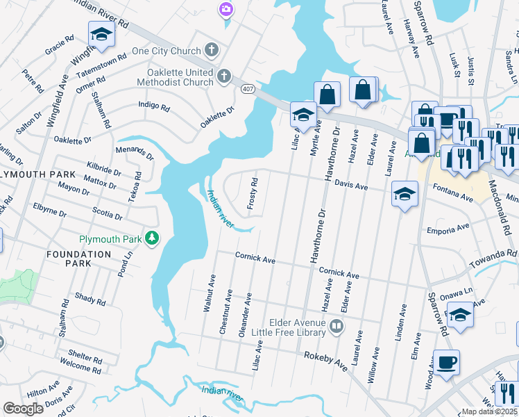 map of restaurants, bars, coffee shops, grocery stores, and more near 1217 Oleander Avenue in Chesapeake