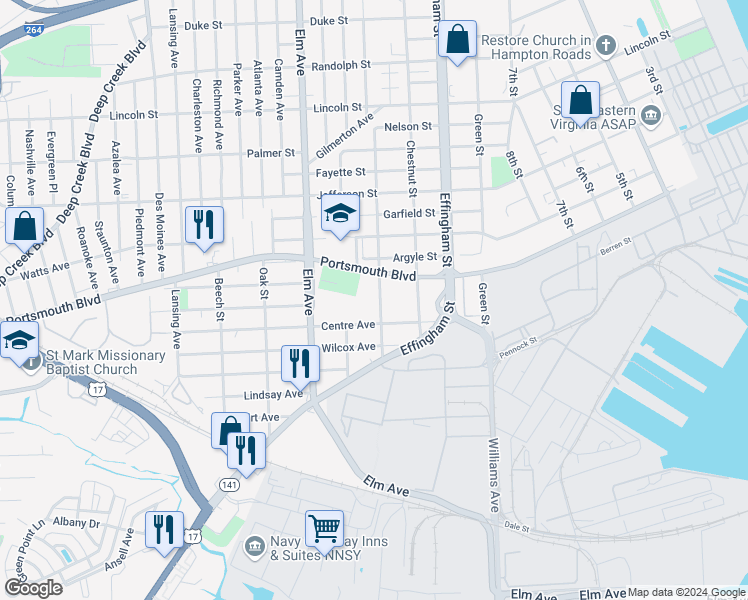 map of restaurants, bars, coffee shops, grocery stores, and more near 2764 Peach Street in Portsmouth