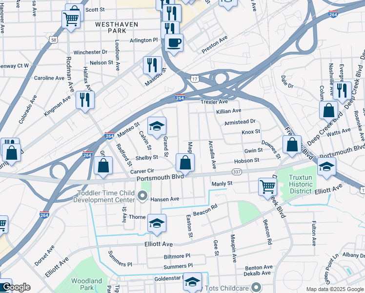 map of restaurants, bars, coffee shops, grocery stores, and more near 395 Carver Circle in Portsmouth