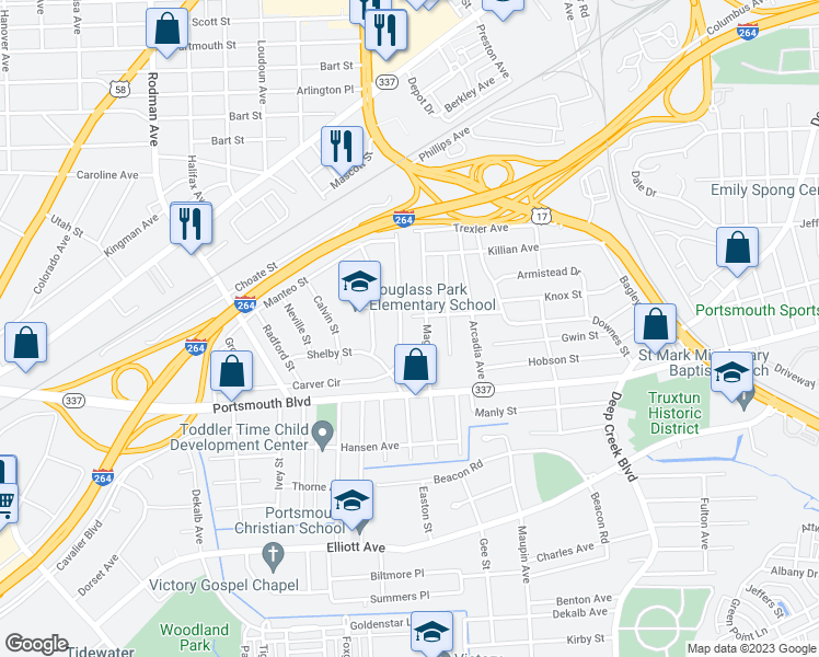 map of restaurants, bars, coffee shops, grocery stores, and more near 395 Carver Circle in Portsmouth