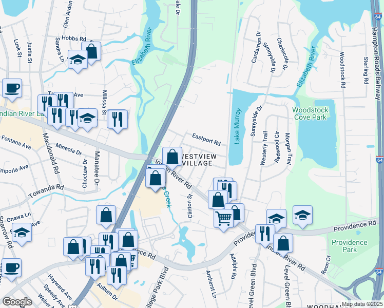 map of restaurants, bars, coffee shops, grocery stores, and more near 704 Avella Street in Virginia Beach