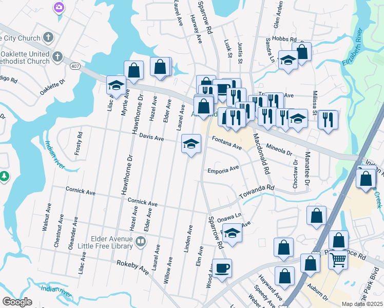 map of restaurants, bars, coffee shops, grocery stores, and more near 1208 Willow Avenue in Chesapeake