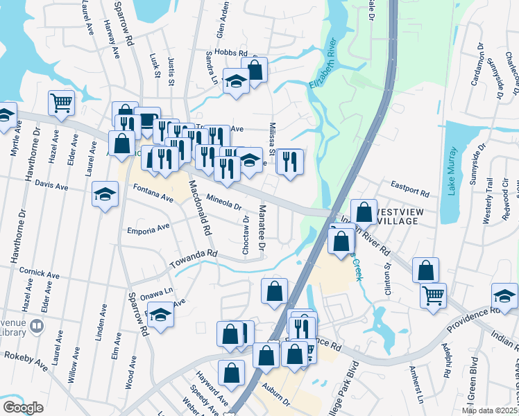 map of restaurants, bars, coffee shops, grocery stores, and more near 3141 Manatee Drive in Virginia Beach