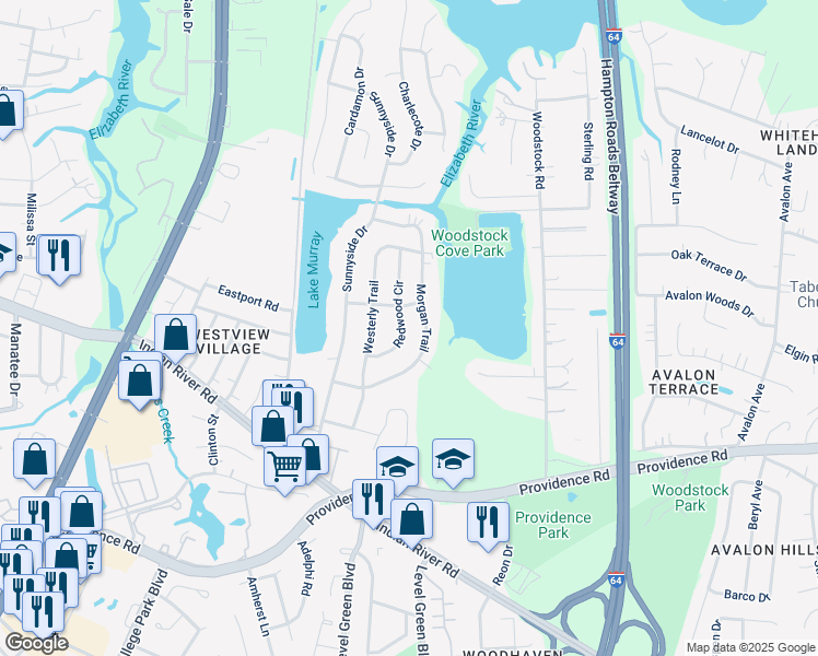 map of restaurants, bars, coffee shops, grocery stores, and more near 849 Morgan Trail in Virginia Beach