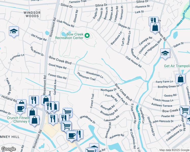 map of restaurants, bars, coffee shops, grocery stores, and more near 3401 Woodsman Lane in Virginia Beach