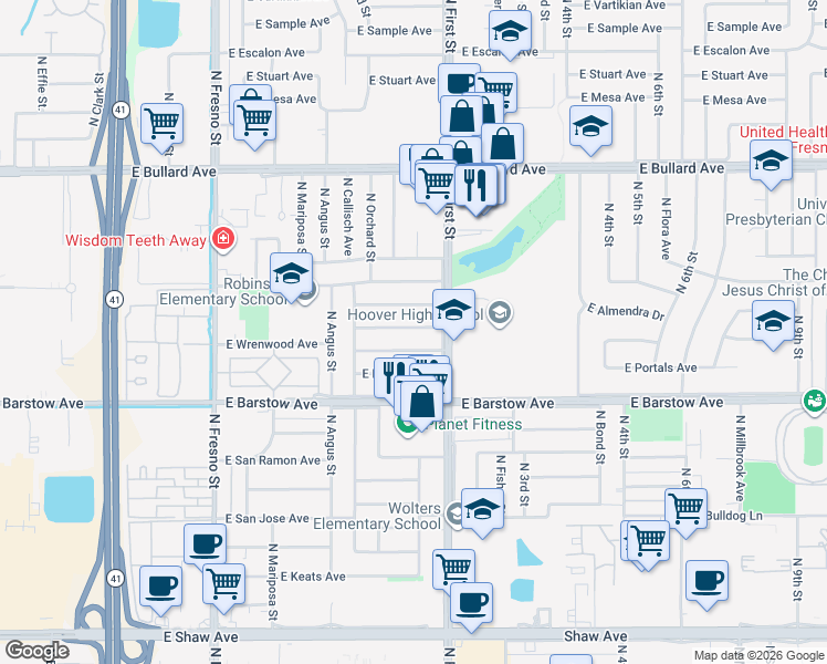 map of restaurants, bars, coffee shops, grocery stores, and more near 760 East Robinwood Lane in Fresno