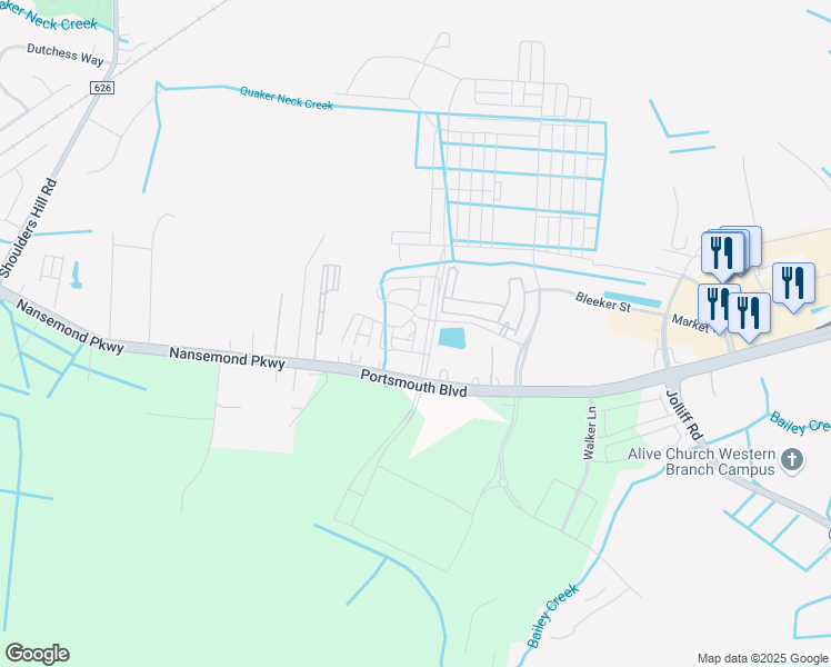 map of restaurants, bars, coffee shops, grocery stores, and more near 2858 Baldwin Drive in Chesapeake