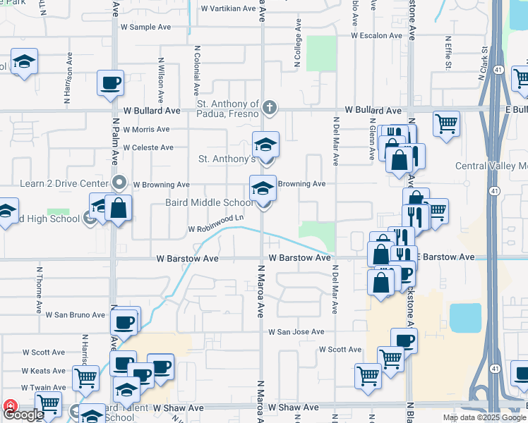 map of restaurants, bars, coffee shops, grocery stores, and more near 5500 North Maroa Avenue in Fresno