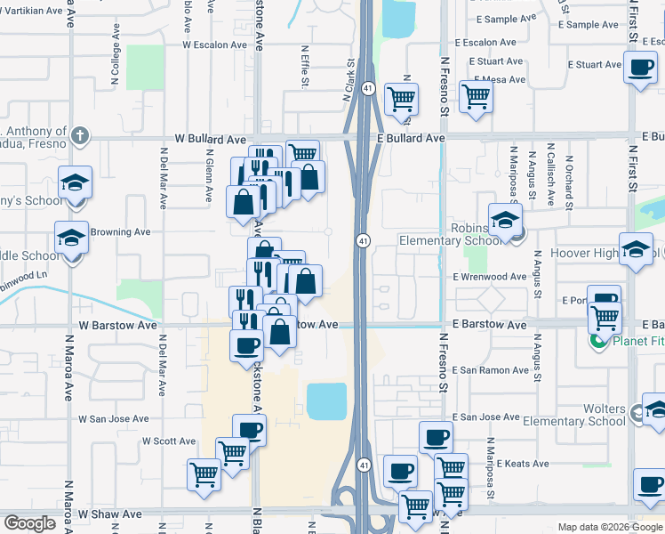 map of restaurants, bars, coffee shops, grocery stores, and more near Unnamed Road in Fresno