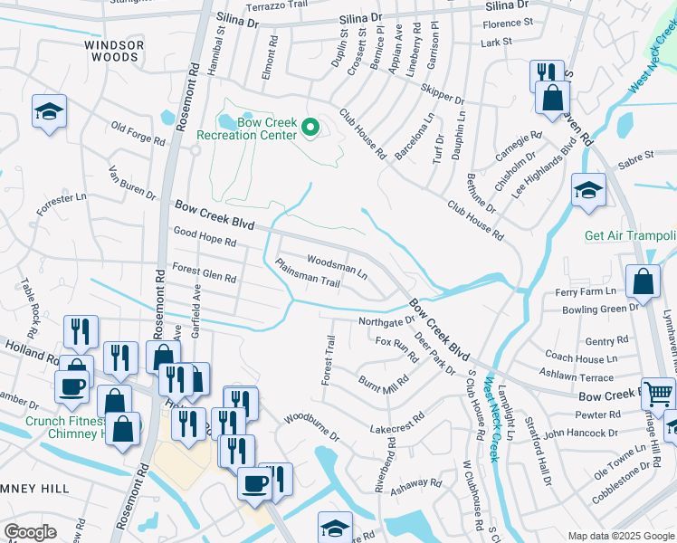 map of restaurants, bars, coffee shops, grocery stores, and more near 3401 Woodsman Lane in Virginia Beach