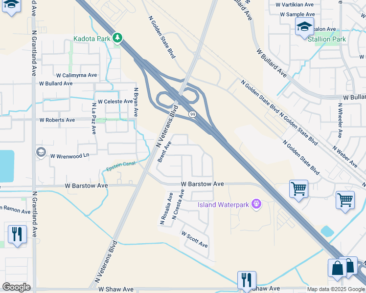 map of restaurants, bars, coffee shops, grocery stores, and more near 6312 West Wrenwood Lane in Fresno
