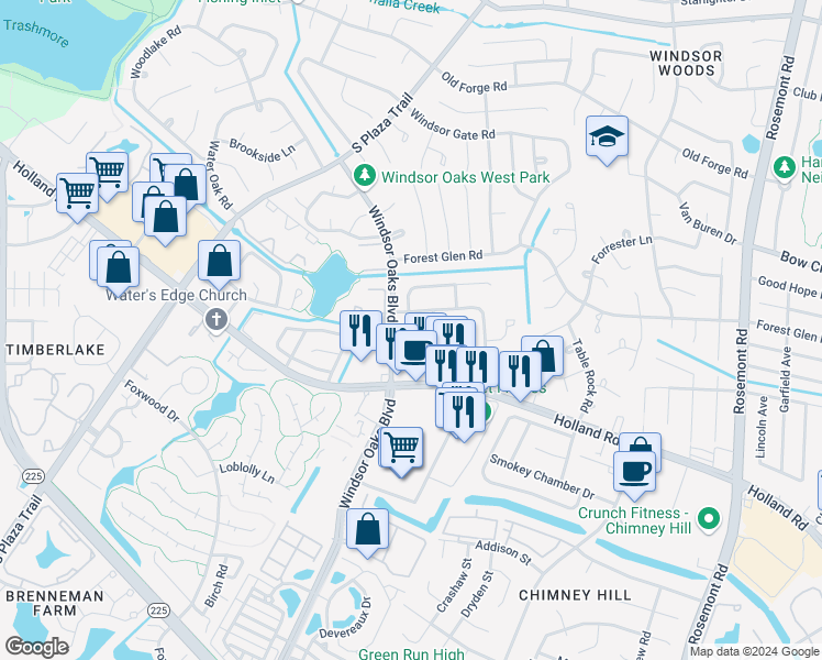 map of restaurants, bars, coffee shops, grocery stores, and more near 624 Chancery Square in Virginia Beach