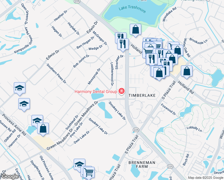 map of restaurants, bars, coffee shops, grocery stores, and more near 4400 Leatherwood Drive in Virginia Beach