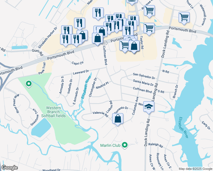 map of restaurants, bars, coffee shops, grocery stores, and more near 2125 Lisbon Road in Chesapeake