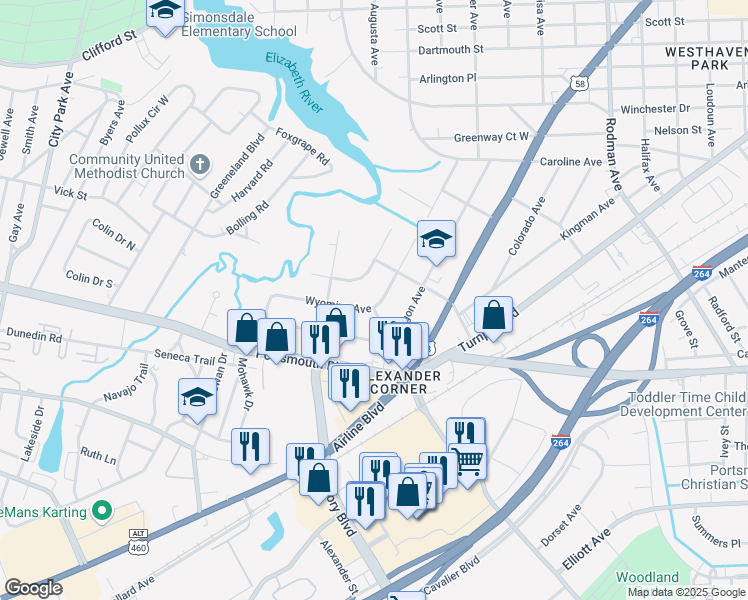 map of restaurants, bars, coffee shops, grocery stores, and more near 98 Wyoming Avenue in Portsmouth