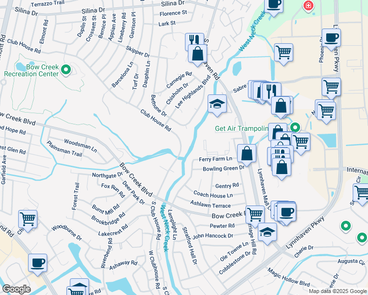 map of restaurants, bars, coffee shops, grocery stores, and more near 604 South Club House Road in Virginia Beach