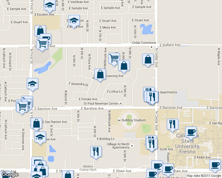 map of restaurants, bars, coffee shops, grocery stores, and more near 1544 East Loftus Lane in Fresno