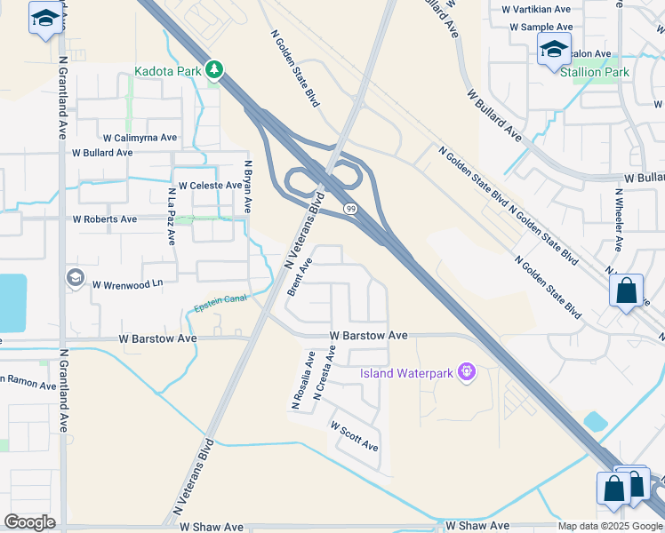 map of restaurants, bars, coffee shops, grocery stores, and more near 6312 West Wrenwood Lane in Fresno