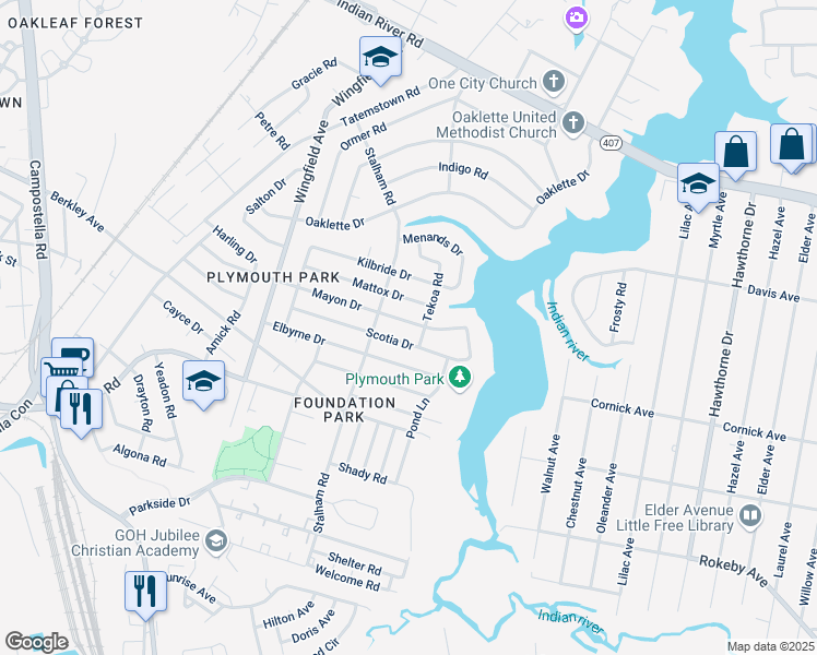 map of restaurants, bars, coffee shops, grocery stores, and more near 3006 Scotia Drive in Chesapeake