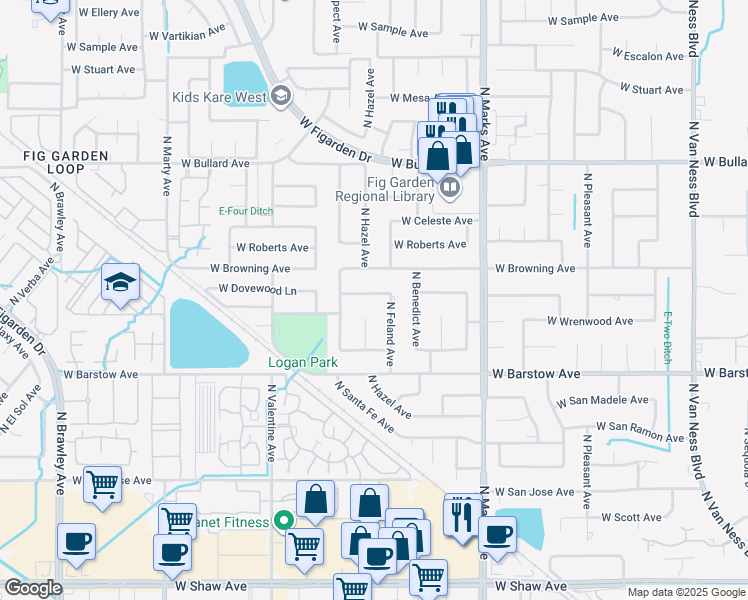 map of restaurants, bars, coffee shops, grocery stores, and more near 3207 West Dovewood Lane in Fresno