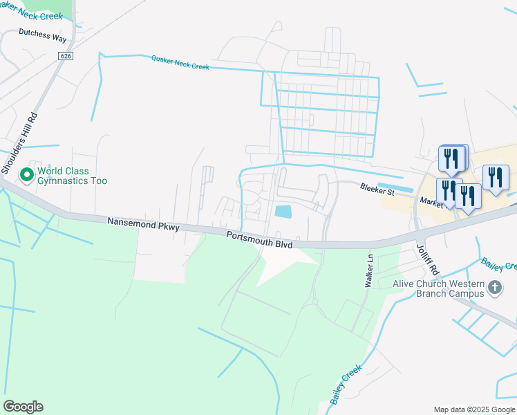 map of restaurants, bars, coffee shops, grocery stores, and more near 2210 Nob Hill Lane in Chesapeake