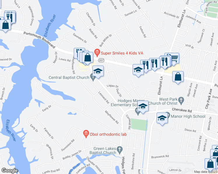 map of restaurants, bars, coffee shops, grocery stores, and more near 101 Logan Drive in Portsmouth