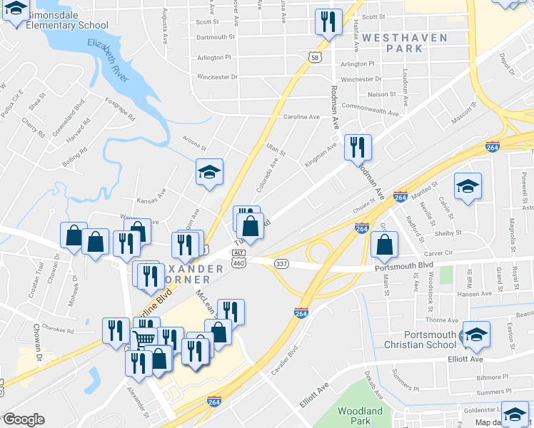 map of restaurants, bars, coffee shops, grocery stores, and more near 3920 Virginia 337 Alternate in Portsmouth