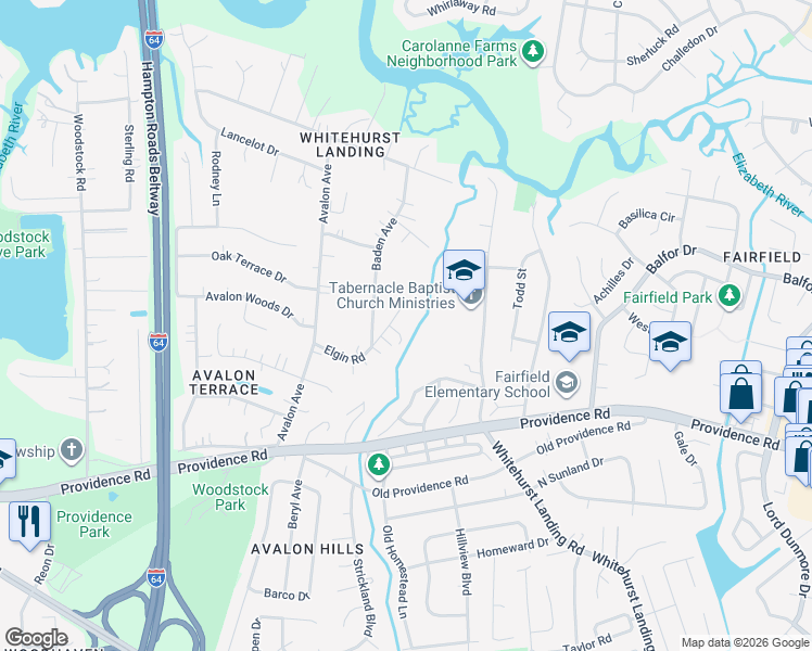 map of restaurants, bars, coffee shops, grocery stores, and more near 5513 Elgin Road in Virginia Beach