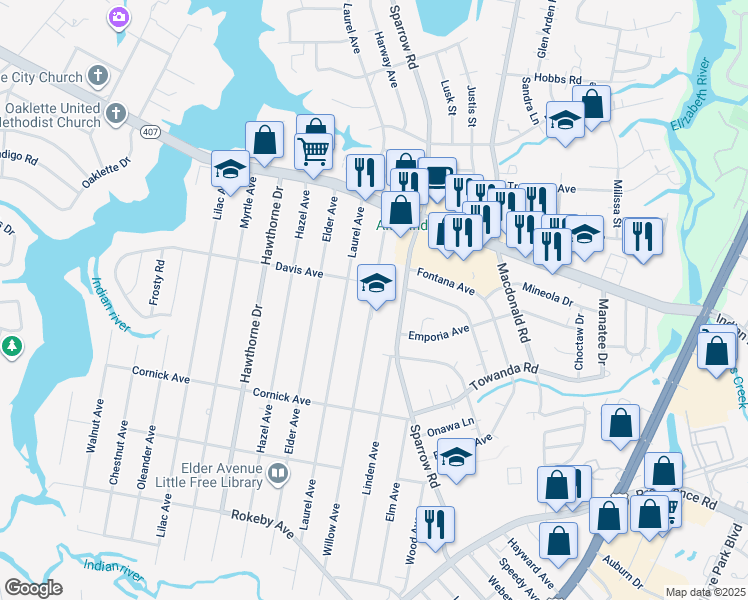 map of restaurants, bars, coffee shops, grocery stores, and more near 1208 Willow Avenue in Chesapeake