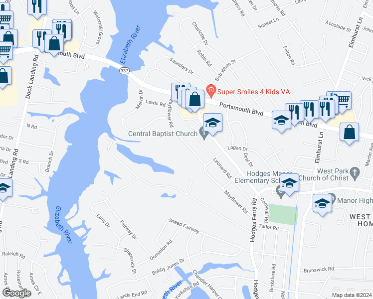 map of restaurants, bars, coffee shops, grocery stores, and more near 218 Mayflower Road in Portsmouth