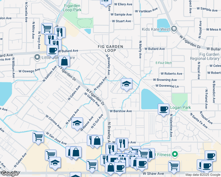 map of restaurants, bars, coffee shops, grocery stores, and more near 3747 West Pomegranate Lane in Fresno
